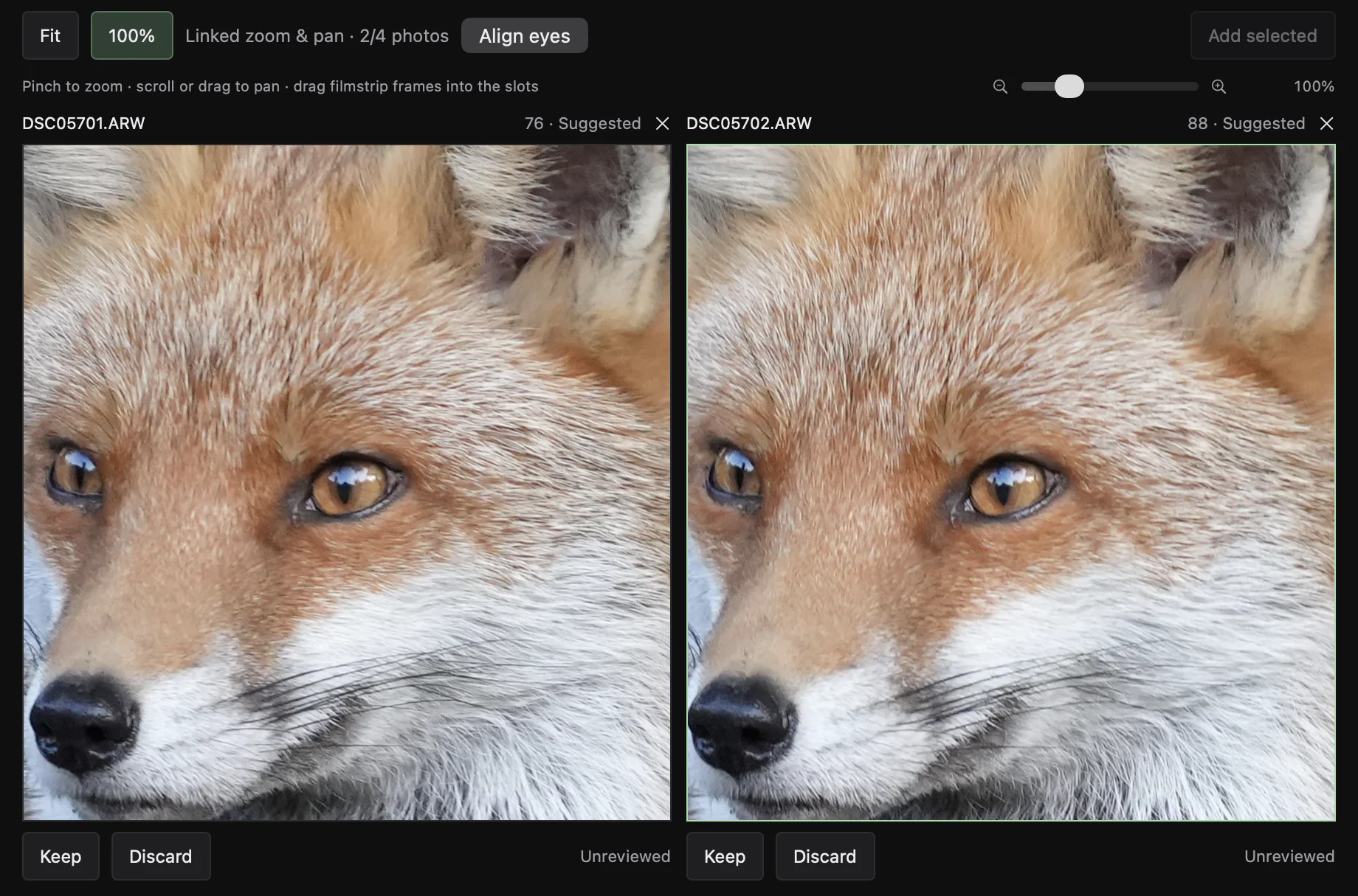 Compare view at 100% with eyes aligned: the left frame, focused on the nose, scores 76; the right frame, focused on the eyes, scores 88.