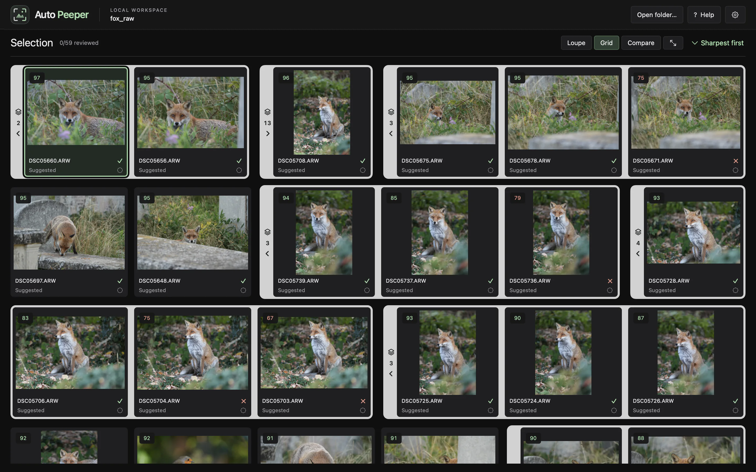 Grid view sorted sharpest first: frames grouped into stacks on light backdrops, each with its stack count and the best-scoring frame first.