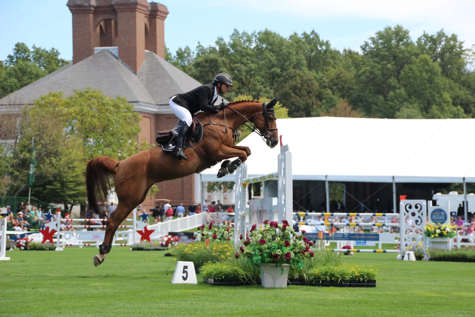 A horse and rider airborne over a jump in an outdoor equestrian competition.
